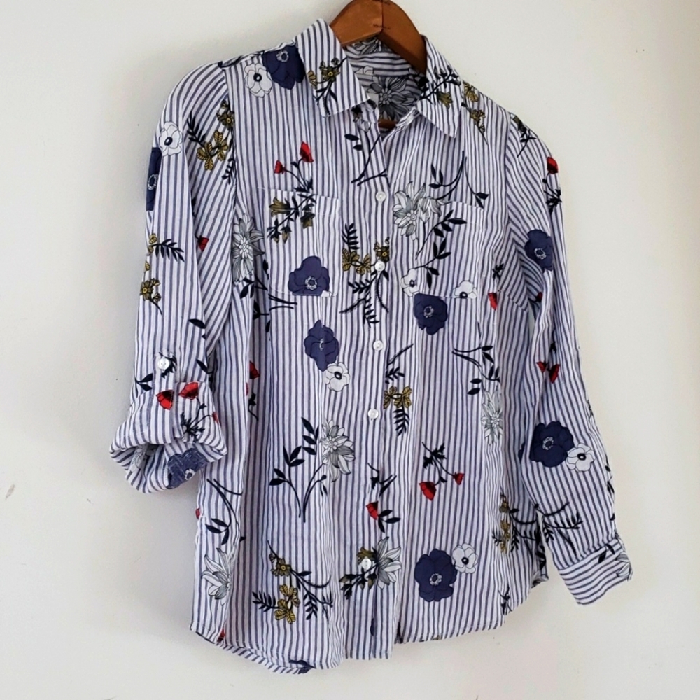 Charter Club Womens Linen Floral Stripe Long Sleeve Button Down Blouse, Size PP